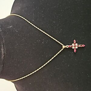 Red & Clear Rhinestones Goldtone Cross on 16" Rope Chain Necklace